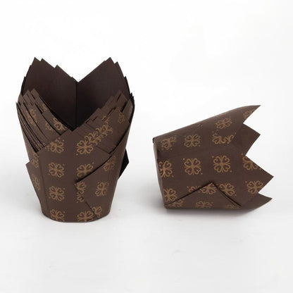 Wholesale greaseproof tulip cupcake baking liners - Brown with gold flowers 50-pack