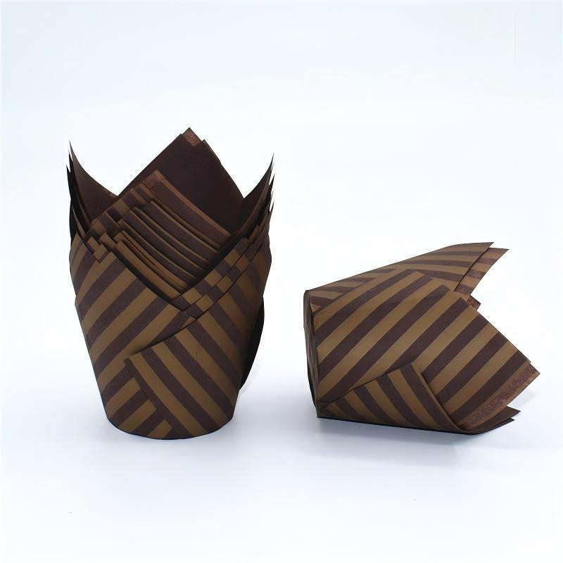Wholesale greaseproof tulip cupcake baking liners - Brown with gold stripes 50-pack