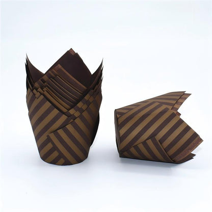 Wholesale greaseproof tulip cupcake baking liners - Brown with gold stripes 50-pack