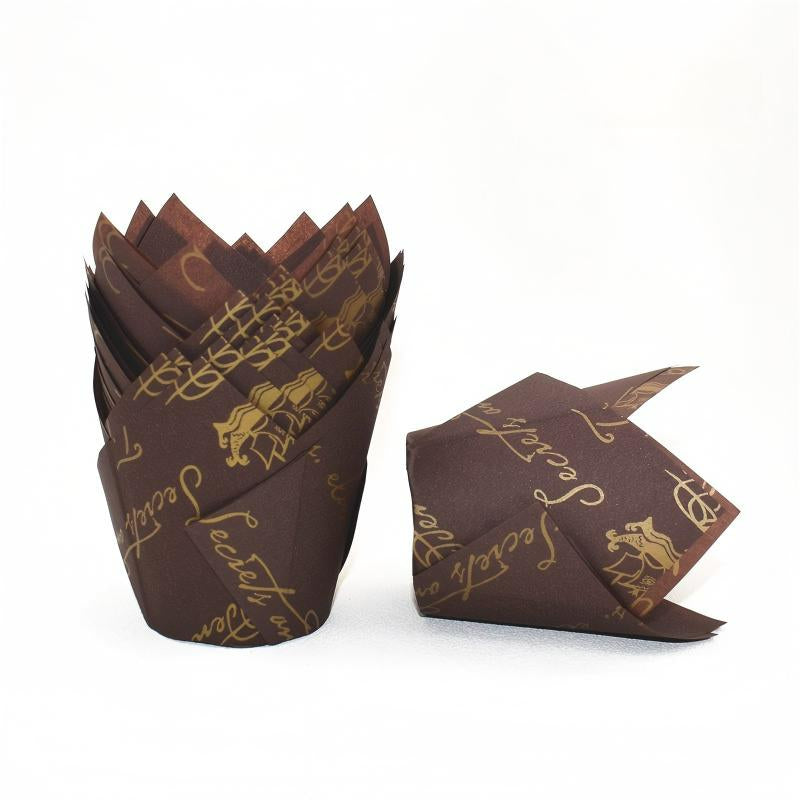 Wholesale greaseproof tulip cupcake baking liners - Brown with typography print 50-pack
