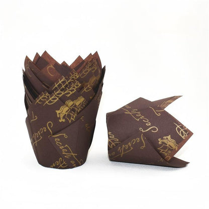 Wholesale greaseproof tulip cupcake baking liners - Brown with typography print 50-pack