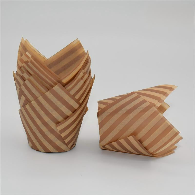 Wholesale greaseproof tulip cupcake baking liners - Kraft with stripes 50-pack