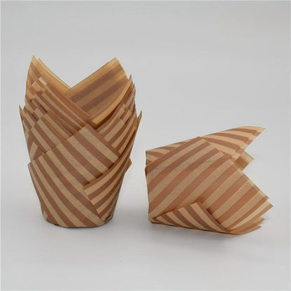 Wholesale greaseproof tulip cupcake baking liners - Kraft with stripes 50-pack