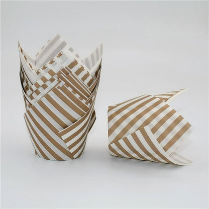 Wholesale greaseproof tulip cupcake baking liners - White with stripes 50-pack