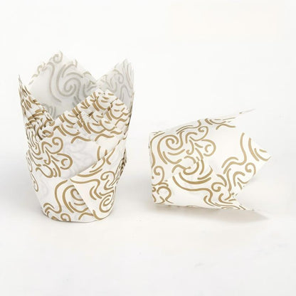 Wholesale greaseproof tulip cupcake baking liners - White with gold clouds 50-pack
