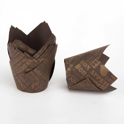 Wholesale greaseproof tulip cupcake baking liners - Brown with English script 50-pack