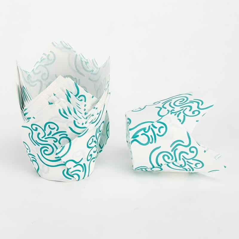 Wholesale greaseproof tulip cupcake baking liners - White with green clouds 50-pack