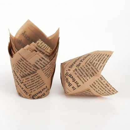 Wholesale greaseproof tulip cupcake baking liners - Kraft newspaper print 50-pack