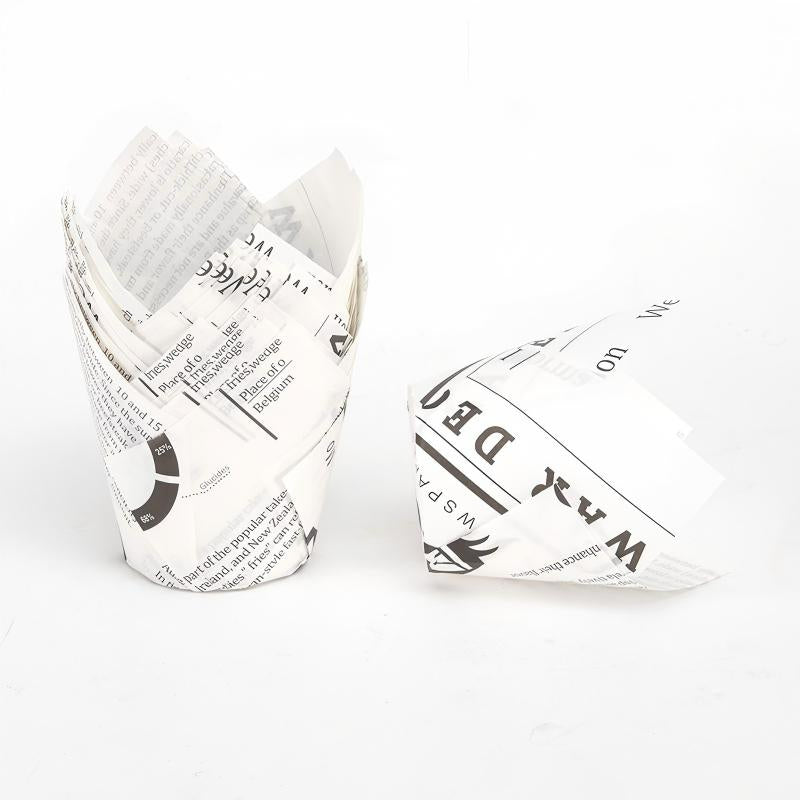 Wholesale greaseproof tulip cupcake baking liners - White newspaper print 50-pack