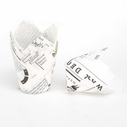 Wholesale greaseproof tulip cupcake baking liners - White newspaper print 50-pack