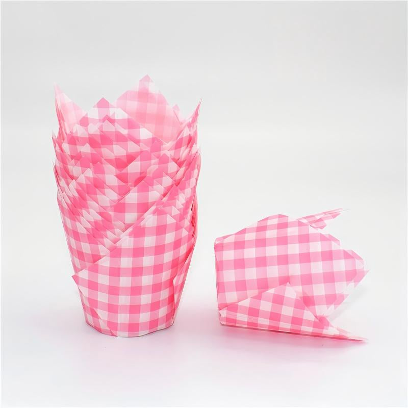 Wholesale greaseproof tulip cupcake baking liners - Pink vertical stripes 50-pack