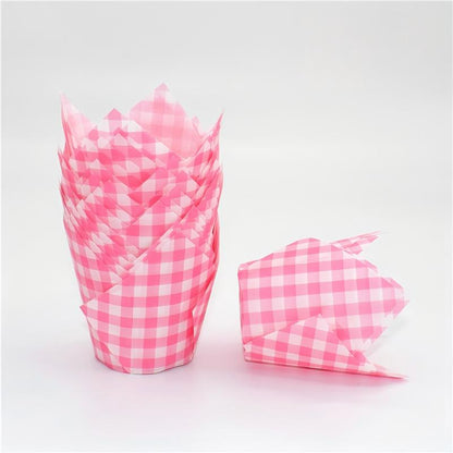 Wholesale greaseproof tulip cupcake baking liners - Pink vertical stripes 50-pack