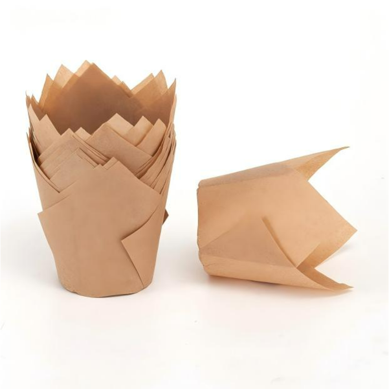 Wholesale greaseproof tulip cupcake baking liners - Natural kraft brown 50-pack