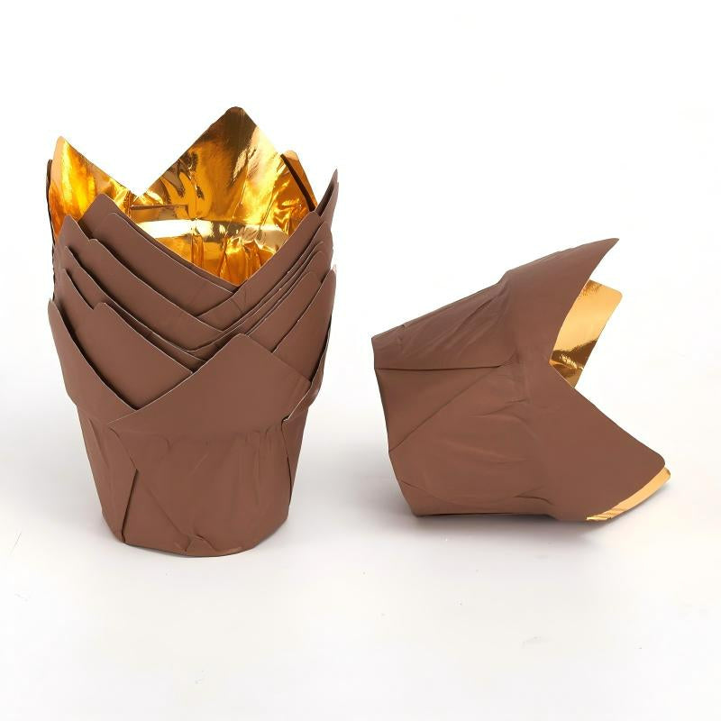 Wholesale greaseproof tulip cupcake baking liners - Brown single-sided gold 50-pack