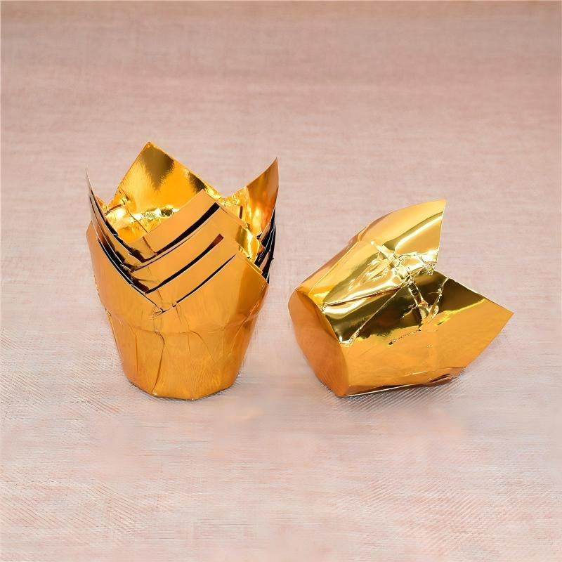 Wholesale greaseproof tulip cupcake baking liners - Double-sided gold foil 50-pack