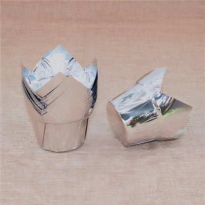 Wholesale greaseproof tulip cupcake baking liners - Double-sided silver foil 50-pack