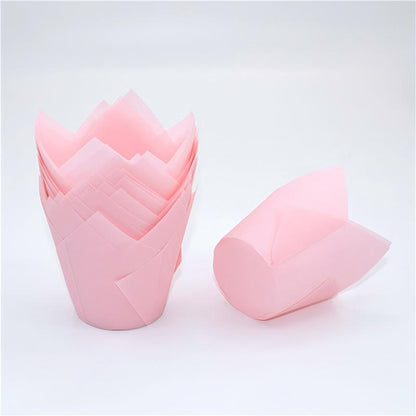Wholesale greaseproof tulip cupcake baking liners - Solid pink 50-pack