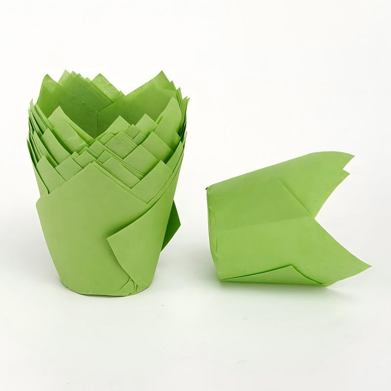 Wholesale greaseproof tulip cupcake baking liners - Solid green 50-pack