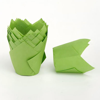 Wholesale greaseproof tulip cupcake baking liners - Solid green 50-pack