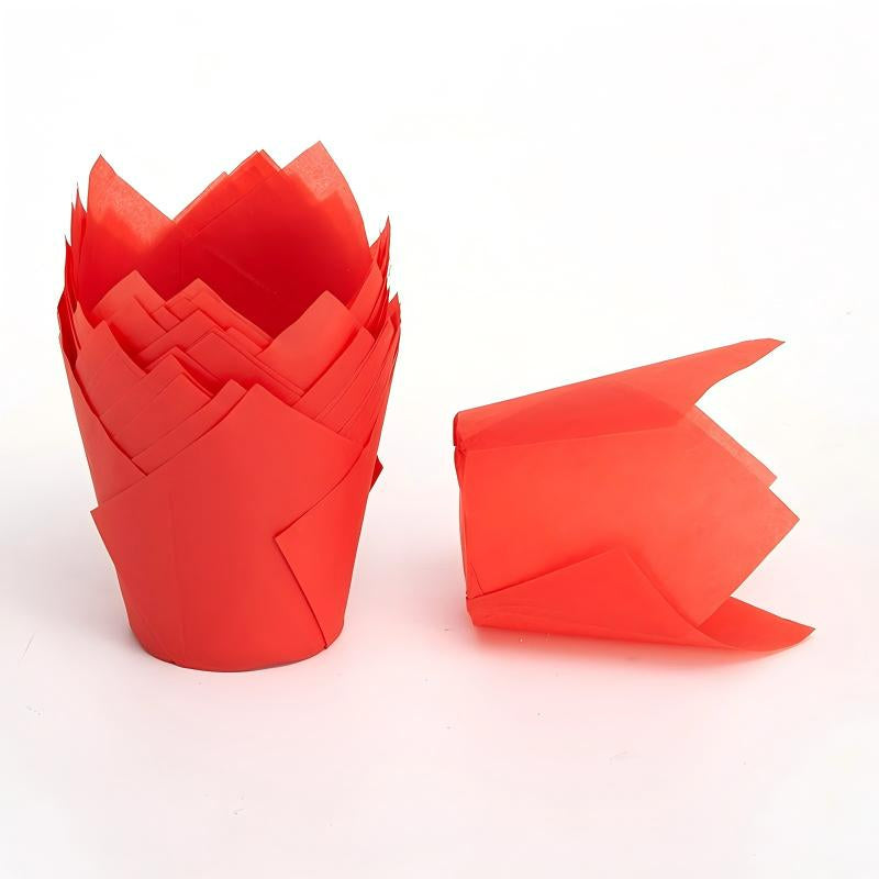 Wholesale greaseproof tulip cupcake baking liners - Solid red 50-pack