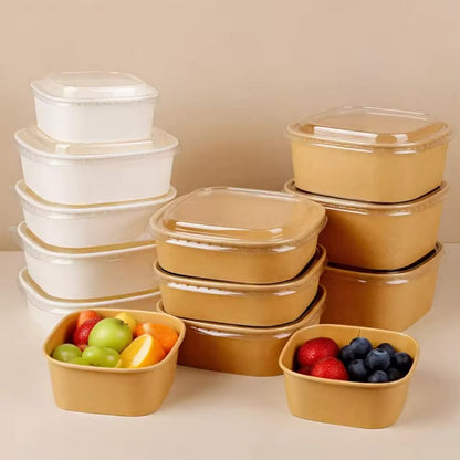 Square Kraft Paper Food Bowls - Leak-Resistant Disposable Containers for Takeout