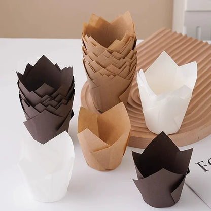 Wholesale greaseproof tulip cupcake baking liners - Natural kraft, white, and dark brown assorted display