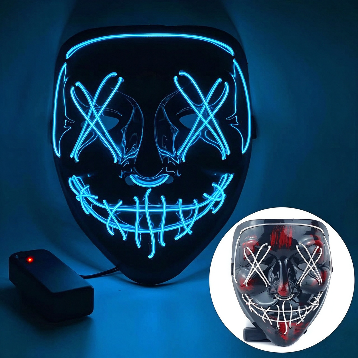 LED purge mask solid ice blue illuminated wire stitching