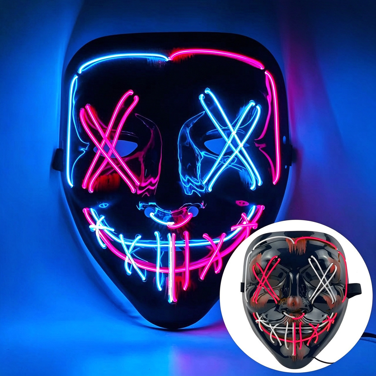 LED purge mask crisscross ice blue and pink glowing wires
