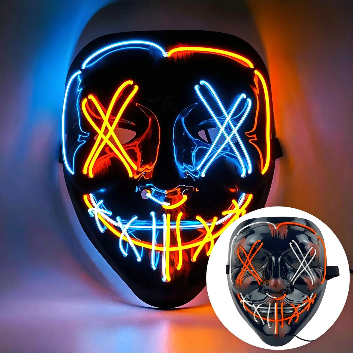 LED purge mask crisscross ice blue and orange glowing wires