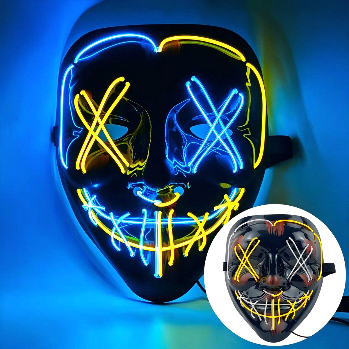 LED purge mask crisscross ice blue and yellow glowing wires