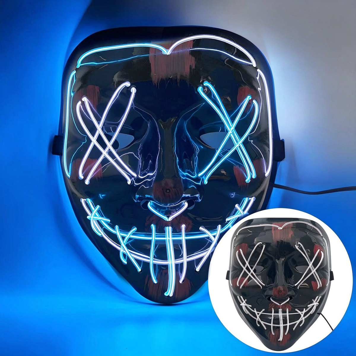 LED purge mask crisscross ice blue and white glowing wires
