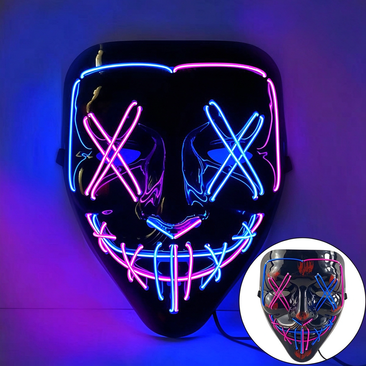 LED purge mask crisscross blue and purple illuminated wires