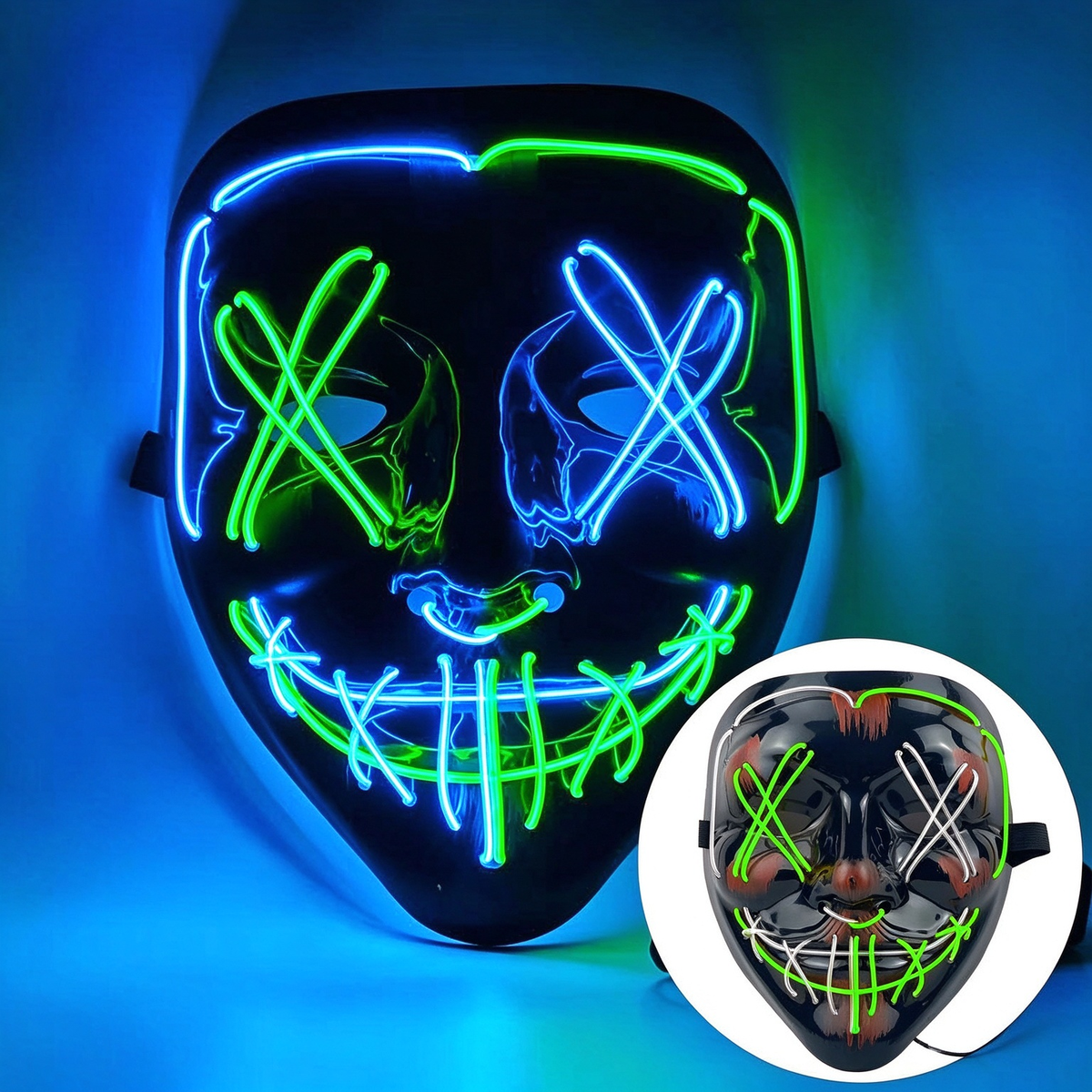 LED purge mask crisscross ice blue and green glowing wires