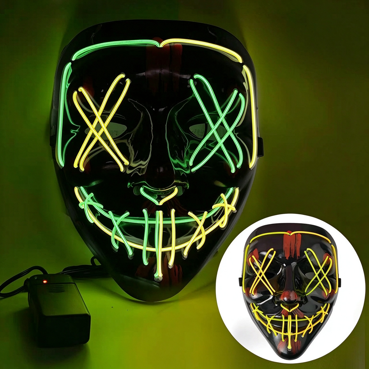 LED purge mask crisscross fluorescent green and yellow glowing wires
