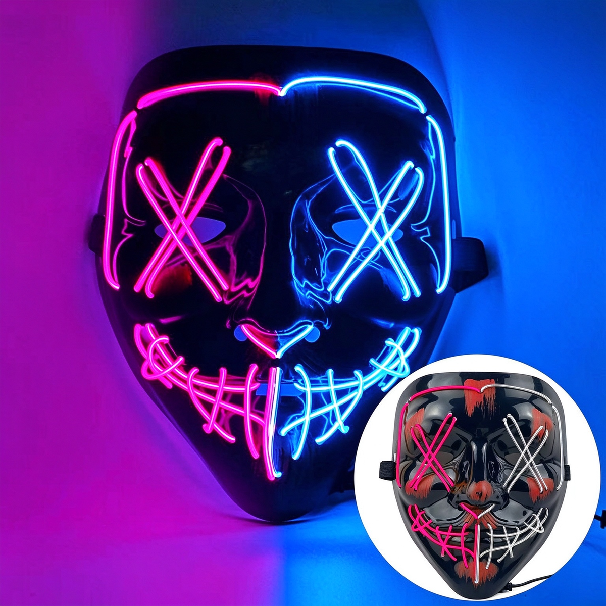 LED purge mask split ice blue and pink glowing halves