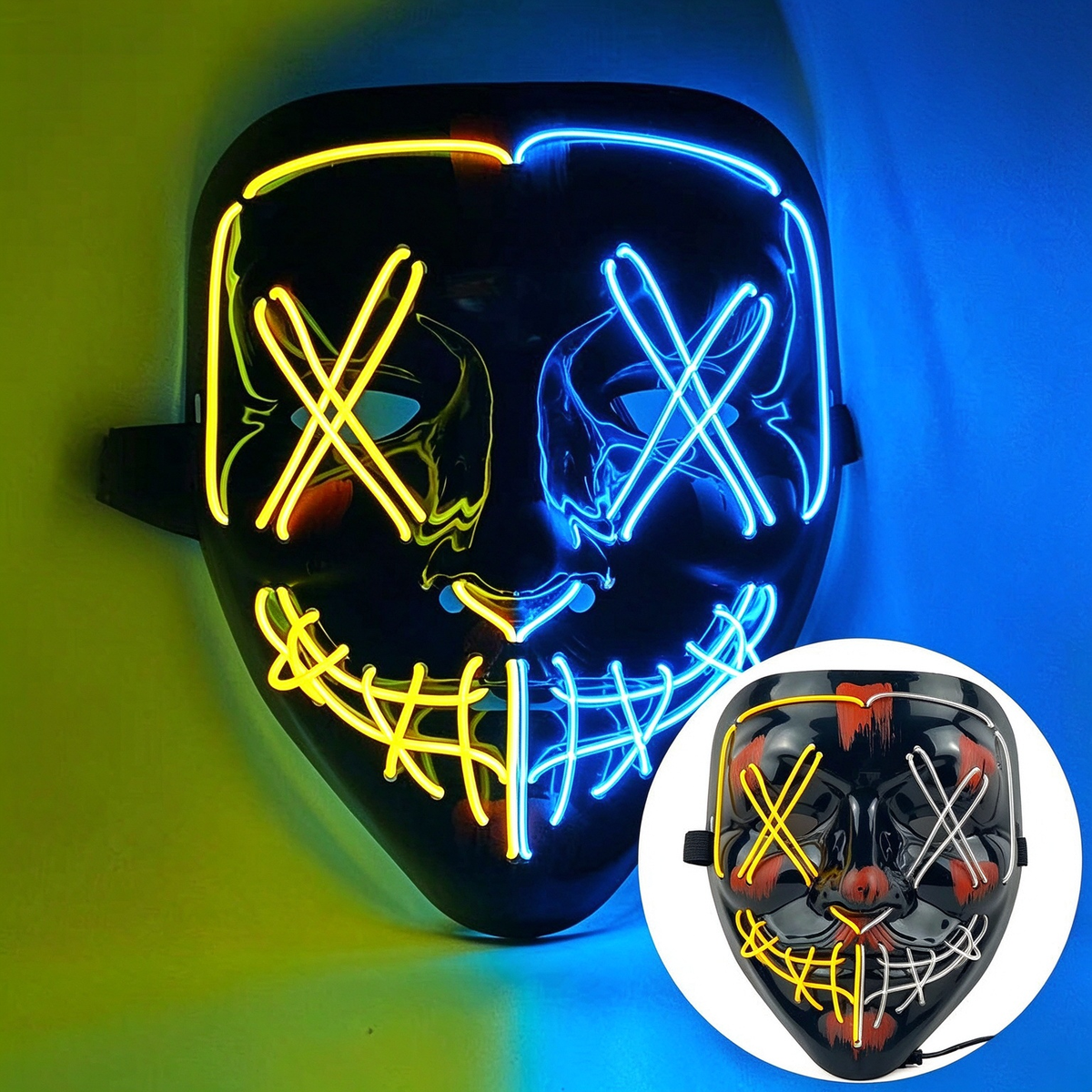LED purge mask split ice blue and yellow wire halves