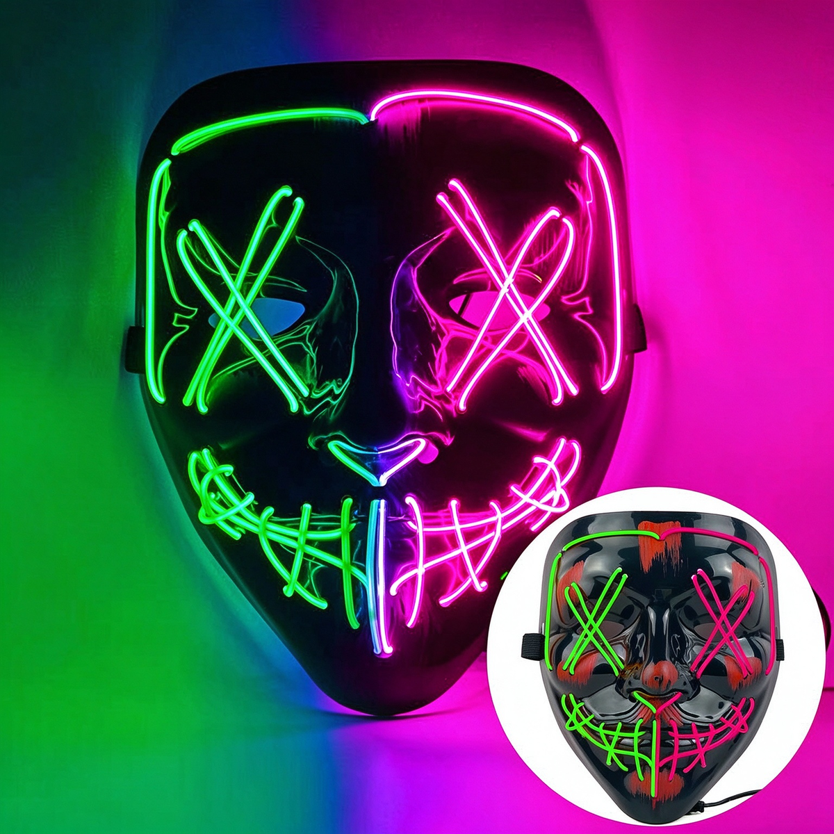LED purge mask split green and pink glowing wire halves