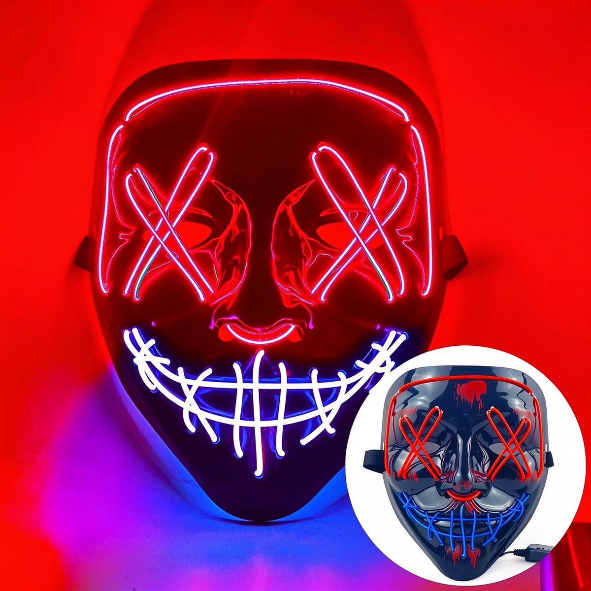 LED purge mask top red and bottom blue glowing wires