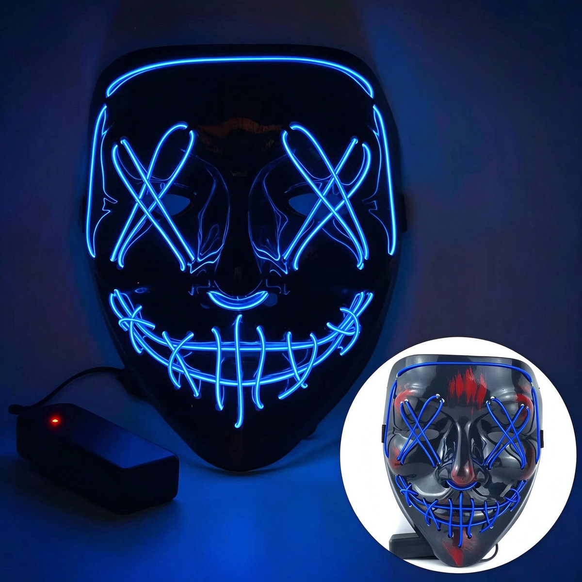 LED purge mask solid deep blue glowing wire stitching