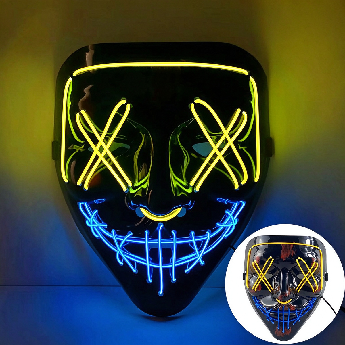 LED purge mask top yellow and bottom blue glowing wires