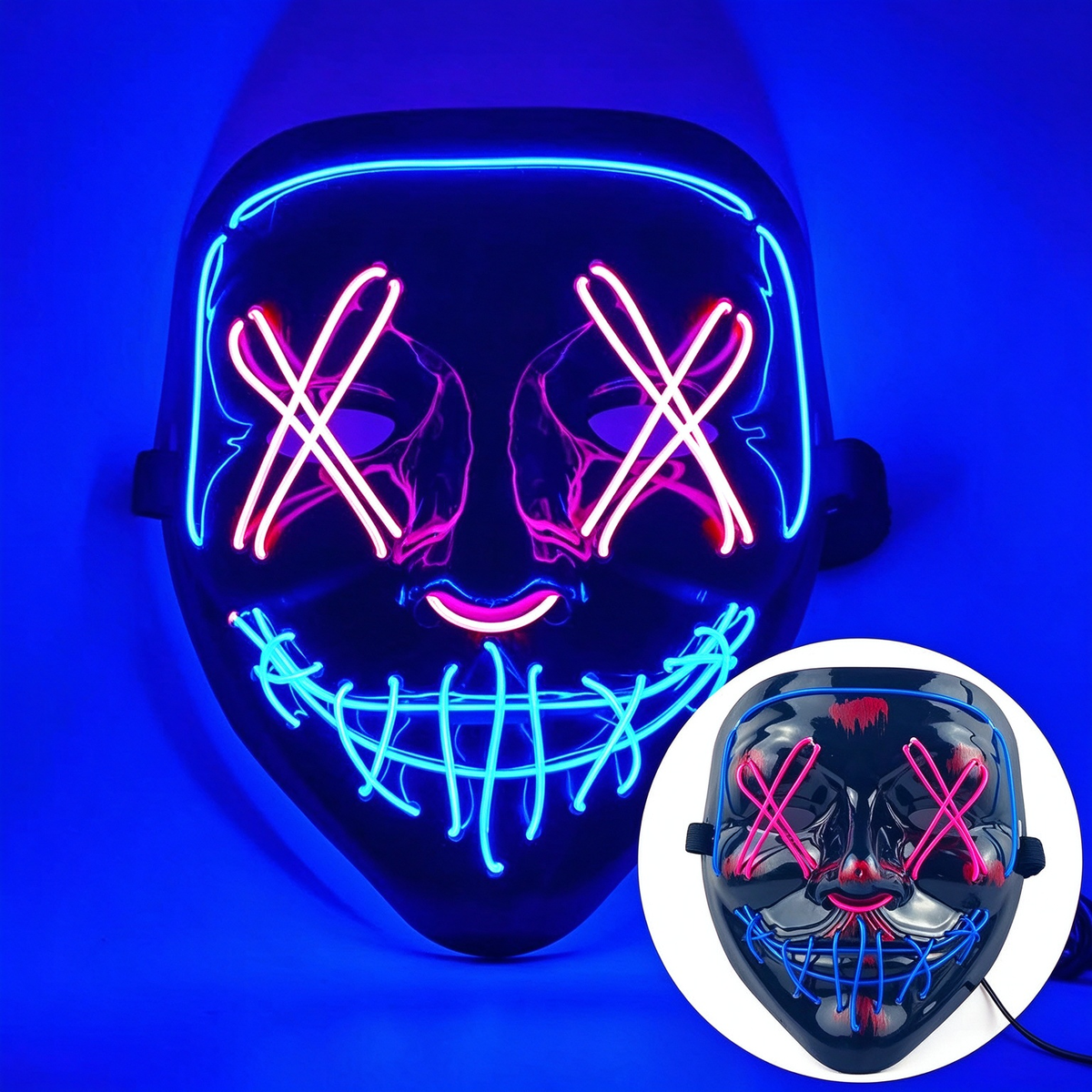 LED purge mask outer blue frame and inner pink eyes