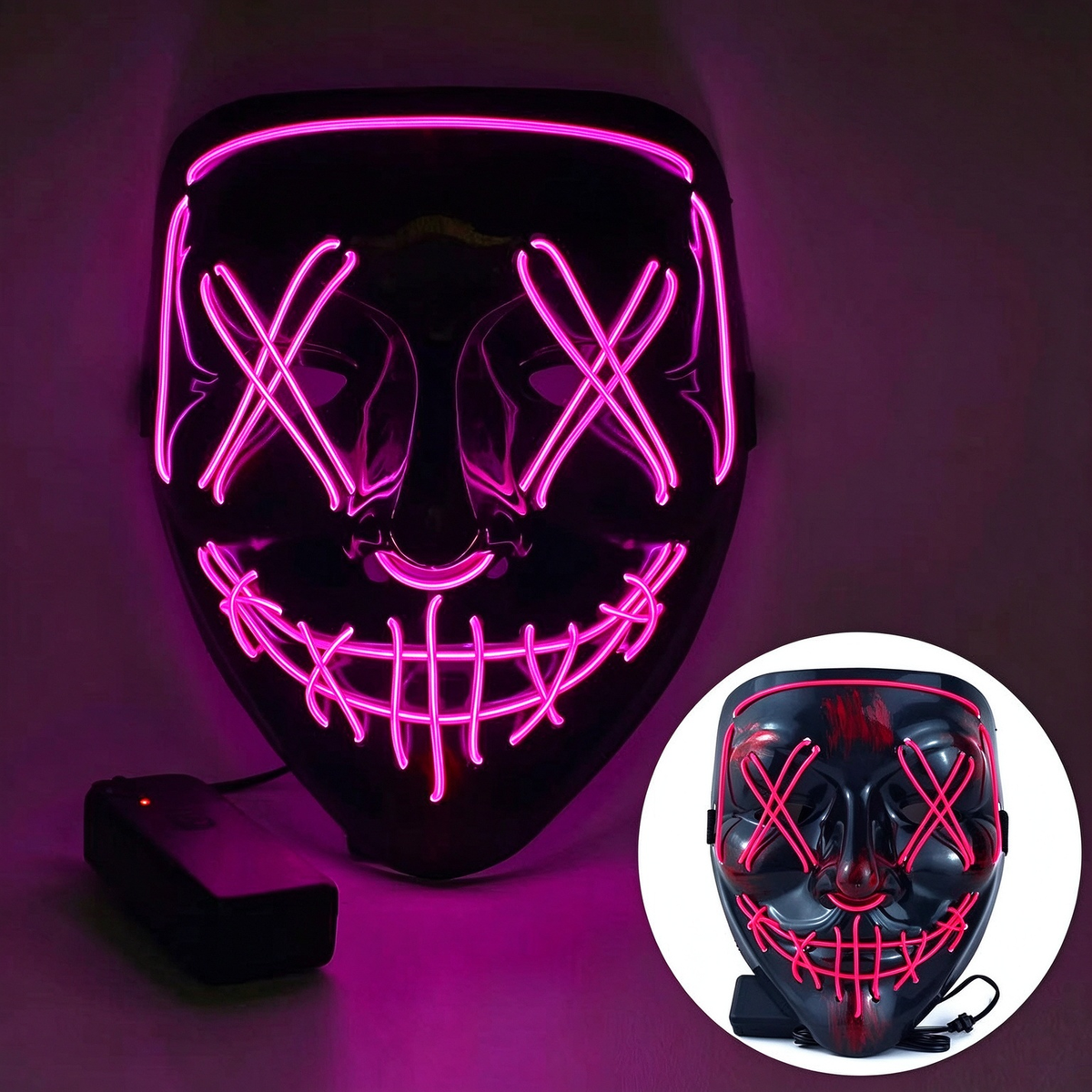 LED purge mask solid neon pink illuminated wire stitching