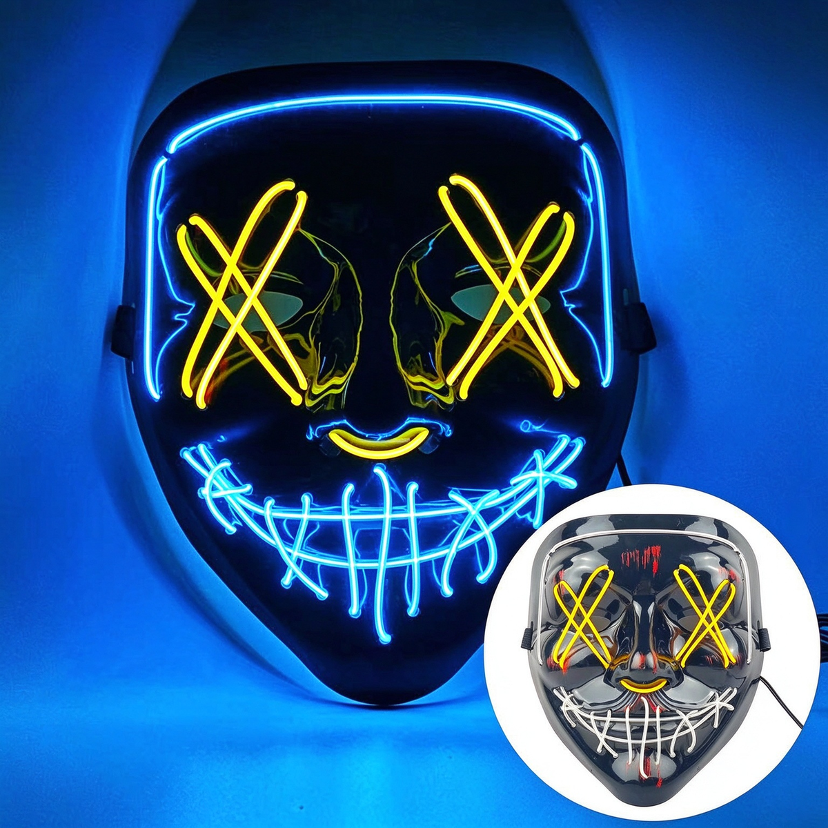 LED purge mask outer ice blue and inner yellow stitches