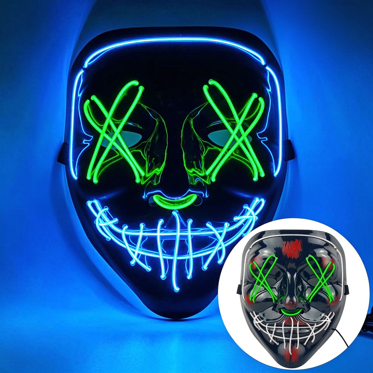 LED purge mask outer ice blue and inner green stitches