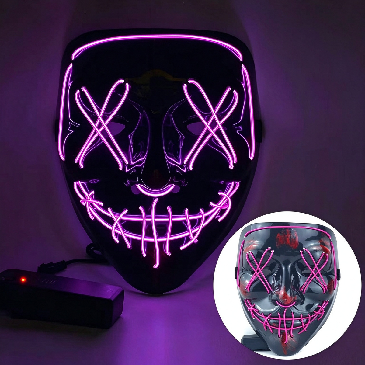 LED purge mask solid purple glowing wire stitched facial contours