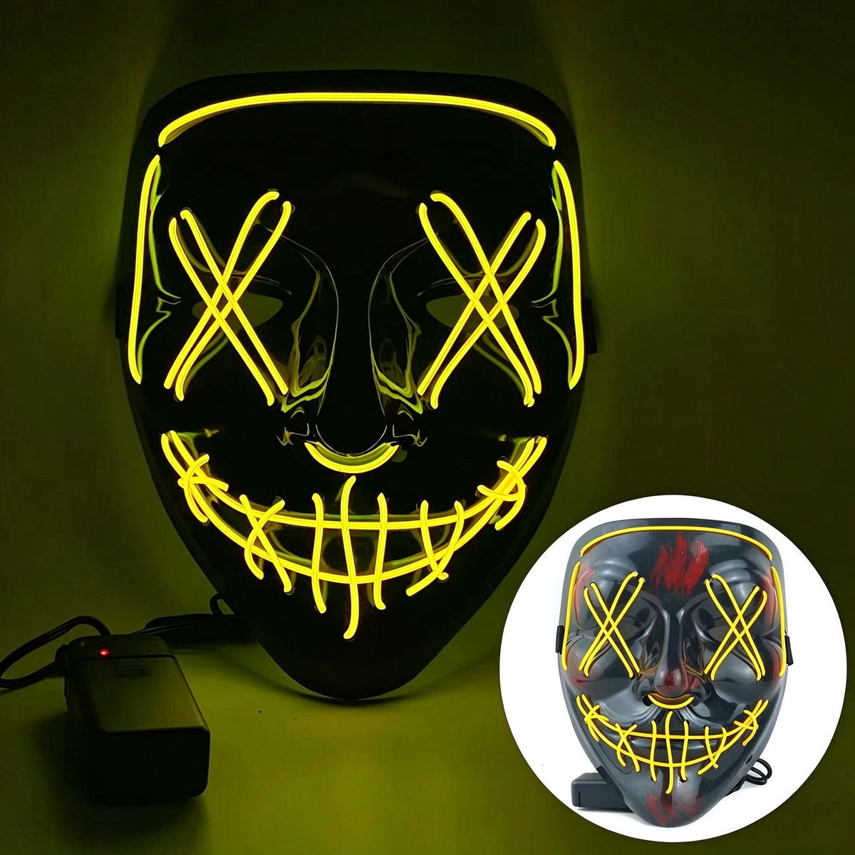 LED purge mask solid bright yellow illuminated wire stitching
