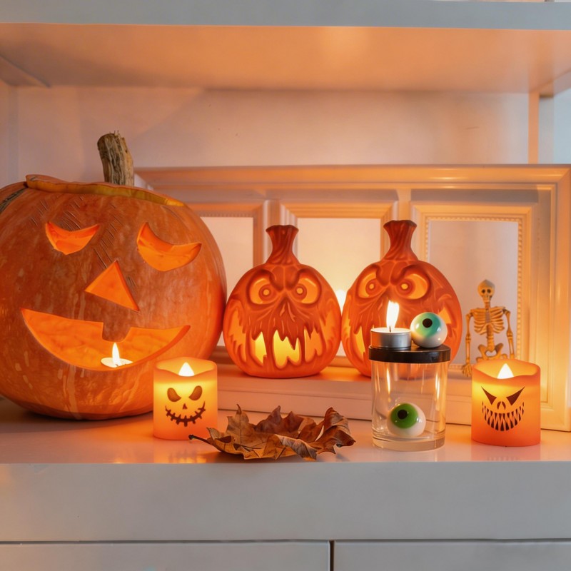 Creative LED Pumpkin Candle – Flameless Glowing Pumpkin & Ghost Prop, Flickering Electronic Candle for Halloween Tabletop, Mantel & Window Display