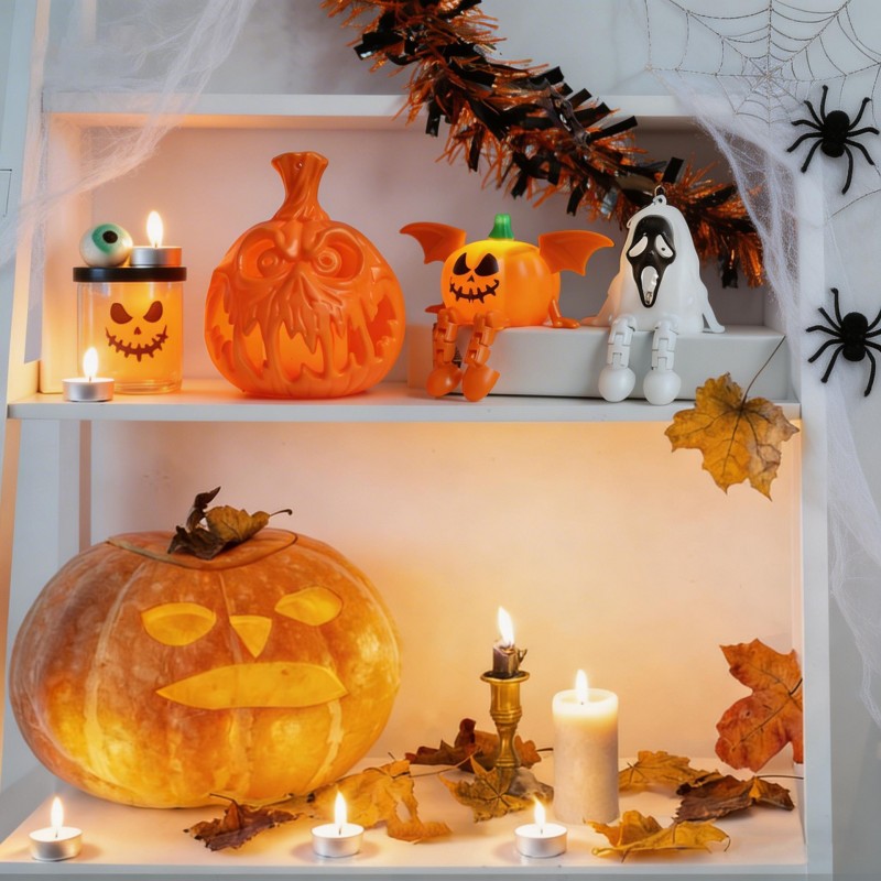 Creative LED Pumpkin Candle – Flameless Glowing Pumpkin & Ghost Prop, Flickering Electronic Candle for Halloween Tabletop, Mantel & Window Display