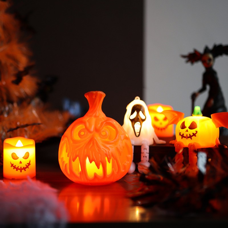 Creative LED Pumpkin Candle – Flameless Glowing Pumpkin & Ghost Prop, Flickering Electronic Candle for Halloween Tabletop, Mantel & Window Display