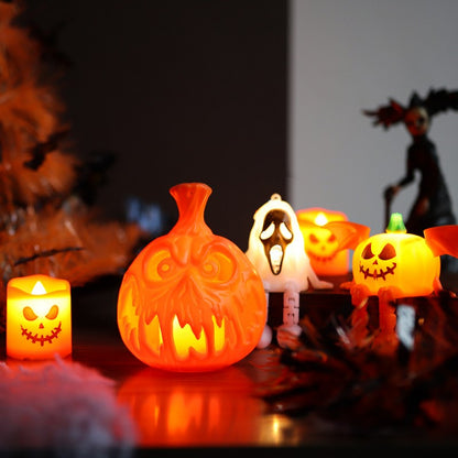 Creative LED Pumpkin Candle – Flameless Glowing Pumpkin & Ghost Prop, Flickering Electronic Candle for Halloween Tabletop, Mantel & Window Display
